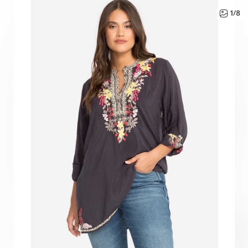 Johnny Was Liliana Embroidered Purple Gray Women's Tunic Top